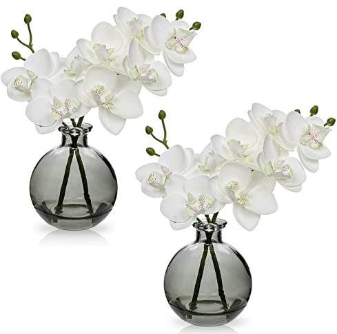 2 pcs Künstliche Orchideen weiß mit Schwarz Glasvase, Kunstpflanze Decor Orchideen Kunstblumen im vase mit Real Touch Blüten, Gefälschte Orchideen künstliche Bonsai für Hotel Wohnzimmer Büro Küche