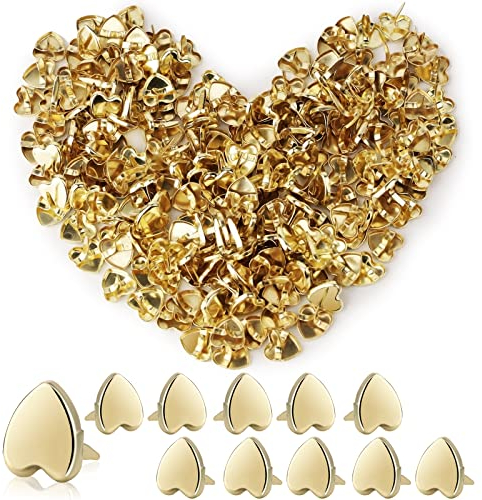 FIHODONE 200 Stücke Herzform Musterbeutelklammern, Scrapbooking Brads Rundkopfklammern Musterklammern, Metall Briefklammern Verschlussklammern für Basteln, Verzierungen und DIY (Gold)