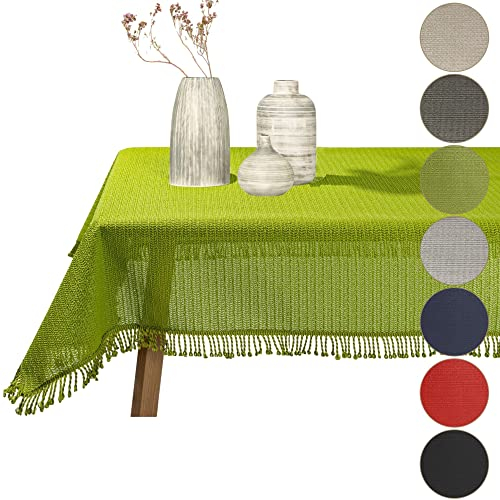 Gartentischdecke geschäumt eckig rund oval wetterfest rutschfeste Weichschaum Tischdecke abwaschbar Garten Balkon Outdoor Camping mit Fransen (Grün, 110x140cm (BxL))