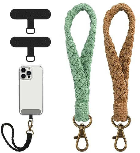 2 Pack Boho Phone Wrist Strap Handmade Macrame Mobile Phone Lanyard with 2 Pcs Phone Tether Tab, Anti Theft Lanyard for Phone Compatible with Most Smartphones for Women Men (1 Green, 1 Brown)