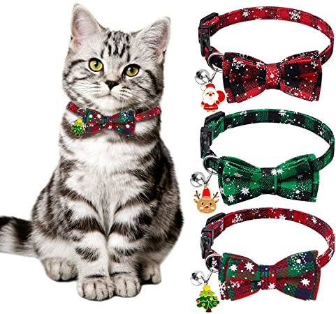 DTYDECLE 3 Stück Weihnachten Katzehalsband, weich verstellbar Weihnachten Schneeflocken Plaid Fliege Kragen mit Glocke Sicherheit Schnellverschluss für Xmas Kostüm von Kätzen und Hündchen