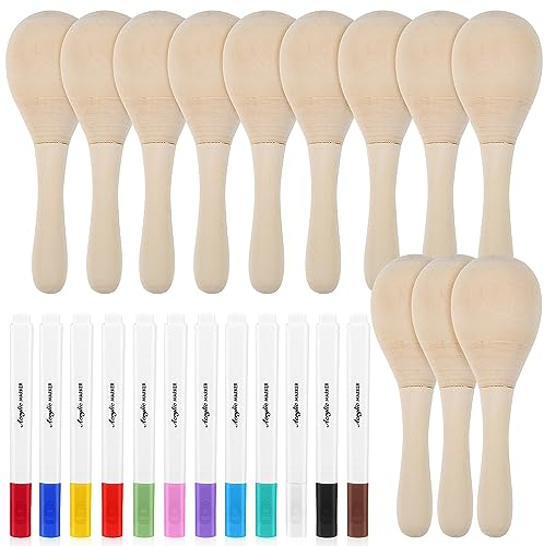 MILISTEN 12 Stück Unvollendete Holz-Maracas Mit Farbstiften Diy-Mini-Holz-Maracas-Rohling Eierstreuer Rassel Orff-Handpercussion-Musikinstrument Für Halloween-Weihnachtsparty-Dekoration