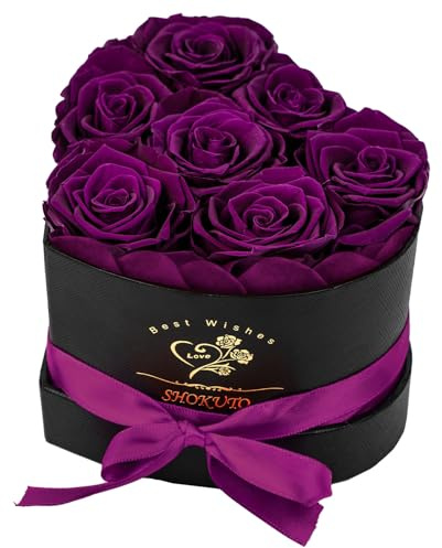7 Stück Ewige Rosen in Herzbox - 100% echte Rosen - Ewige Blumen-Geschenkbox Geschenke für Frauen zum Valentinstag, Muttertag, Weihnachten, Geburtstag, Hochzeitstag (Violett)