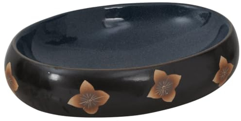 vidaXL Vasque à Poser, Évier de Salle de Bain avec Trou de Vidange, Lavabo avec Motifs Toilette Salle d'eau, Noir et Bleu Ovale 59x40x15 cm Céramique