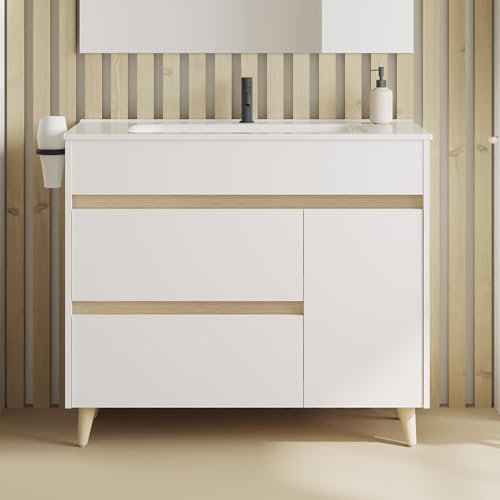 AMIZUVA - Mueble de Baño Kaori Con 2 Cajones y 1 Puerta - 100 cm - Incluye Lavabo Cerámico Con Acabado Blanco Brillo - 100x85,5x46 cm