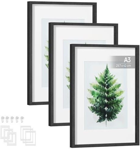 SONGMICS Bilderrahmen 3er Set, Fotorahmen für A3, A4, 28 x 36 cm Bilder, mit Passepartouts, Rahmen, für Wand oder Tisch, Fotogalerie, Glas, MDF, 43,4 x 31,1 cm, weihnachten, aschschwarz RPF064B01
