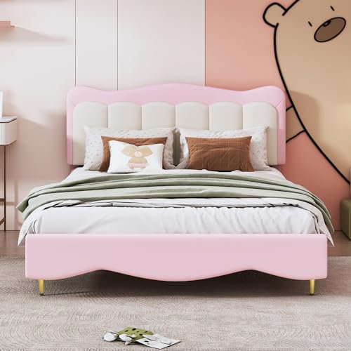 Azkoeesy Polsterbett, Kinderbett, Mädchenbett, Jugendbett, mit Lattenrost und Kopfteil, weiche Rückenlehne, bezug aus PU, Max 150kg (Rosa, 140 x 200 cm)