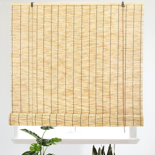 Aussen Bambusrollo Wetterfest Bambus Rollos 80 90 100 120 130 140 160cm Breit Vorhang aus schilf Lichtfilternde Bambus Jalousine Für Innen Gärten Fenster Sichtschutz Rollo(Farbe:Primary black line)