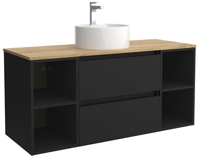Salgar Mueble de Baño Bequia 120cm + Coqueta 2 Huecos Centrado + Encimera + Lavabo posar| Negro Mate |120x45x56