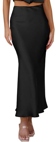 Elenint Gonna da Donna Elegante Bodycon in Seta Satinata ad Alta Vita Gonna Midi Lunga Elasticizzata Gonna a Pesce Party Cocktail, Nero , S