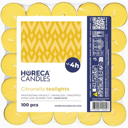Horeca Candles - Candele Tealight alla Citronella - Set da 100 Candele Profumate - Durata di Combustione 4 Ore - Lumini da Esterno, Balcone, Picnic, Campeggio