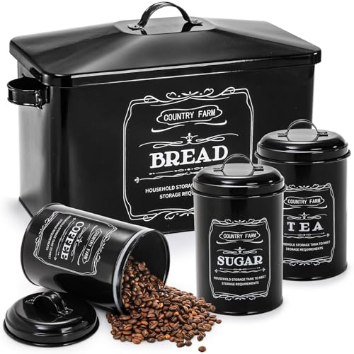 yarlung Metal Bread Box with 3 Kitchen Canisters Set, Large Black Farmhouse Bread Tin for Kitchen Countertop, Coffee Tea Sugar Canister with Lid for Pantry Organizer Home Storage