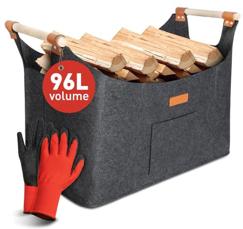 Faltbarer Holzkorb Filztasche 40 x 40 x 60 cm 96L, Korb Aus Brennholz Mit Griff, Extra Dicker Filzkorb, Er Kann Auch Als Aufbewahrungskorb Für Einkäufe Und Zeitungen Verwendet Werden(Vakuumverpackung)