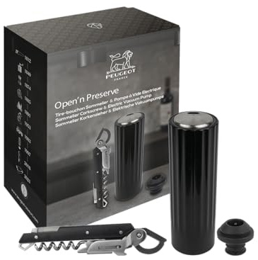 PEUGEOT - Geschenkset Clavelin + Preserve Elektrisch ABS-Finish - Patentiertes Sommeliermesser Clavelin + Automatische & wiederaufladbare Vakuumpumpe - Geschenkidee für Weinliebhaber - Schwarz