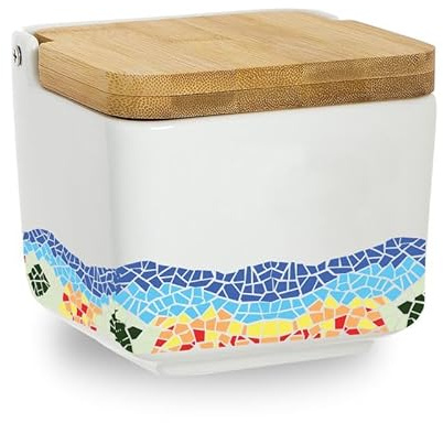 ROCKING GIFTS Salero de Ceramica con Tapa de Madera Trencadis Barcelona 12x11 cm