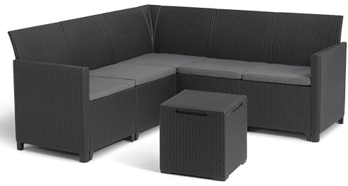 Keter Nora - Conjunto sofá esquinero de jardín o terraza Exterior, 5 plazas con Cojines incluidos y Mesa de almacenaje Auxiliar de 35 L, Color Grafito