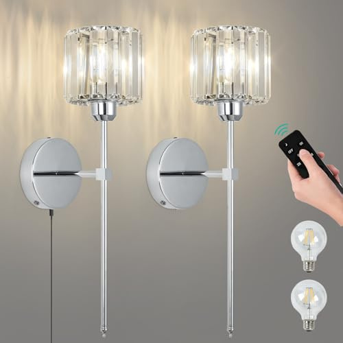EIDEARAY Battery Operated Wall Sconce with Remote and Dimmable,10000mAh Large Battery Operated,Silver Crystal Wireless Wall Lights for Living Room Bedroom Bedside(2 Pack)