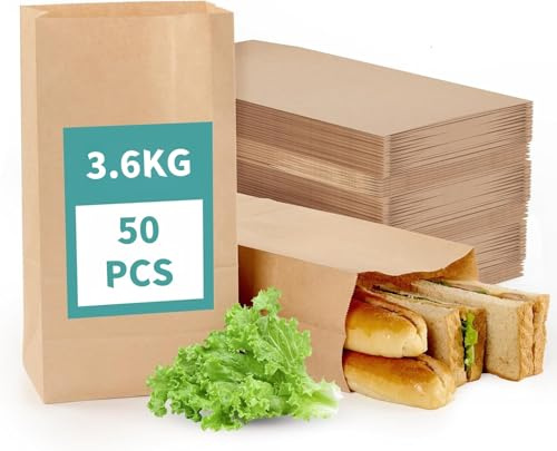 LATERN 50Pcs Paper Lunch Bags, 30CM x 15.5CM x 10CM Large Kraft Paper Bag 3.6KG Strong Bulk Stroage Bags Grocery Bag for Lunches Snacks Cookies Deli Take Out and Small Items