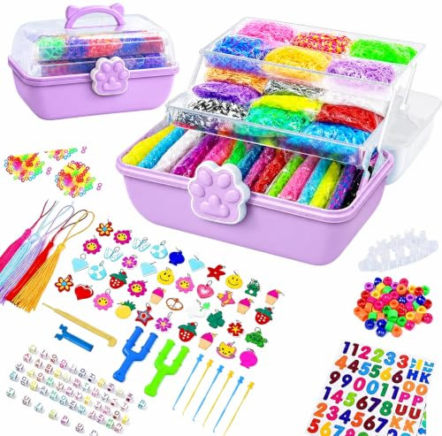 Crafties 17000+ Pcs DIYLoom Band Kit - 32 Vibrant Colors Rubber Loom Bands, Bracelet Making Set with Loom Board & Craft Storage Box for Kids, Girls, Boys (Purple)