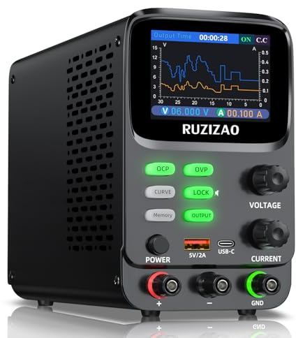RUZIZAO Bench Power Supply Variable 30V 10A,Double Curve 5 Digit LCD Display 0.01mA Milliamp Current Display Hyperbolic Encoder DC Power supply with OCP/OVP Storage Function Power Supplies