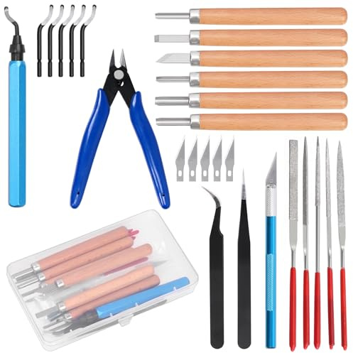 Keadic Deburring Tool Kit, 27-teiliges 3D Drucker Werkzeugset, Holzschnitzmesser, Nadelfeilen, Entgratwerkzeug mit Klingen, Drahtschneider und Pinzetten für Holz Metall Kunststoff