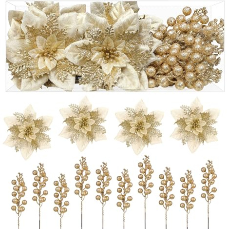 Alupssuc Lot de 24 Piques de Sapin de Noël pailletés, 12 Fleurs artificielles et 12 Branches décoratives avec Baies pour décorations de Sapin, Ornements et guirlandes de Noël, Doré