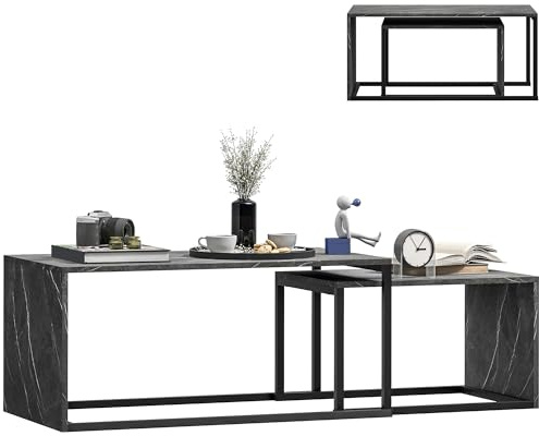HOMCOM Nesting Coffee Table Set of 2, Industrial Stacking Side End Tables with Metal Frame for Living Room, Bedroom, Dark Grey Marble Effect