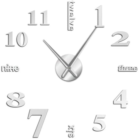Generico Numeri moderni Orologio da Parete Adesivo Moderno Senza Cornice Fai Da Te Design 3D Grandi Dimensioni per Soggiorno, Camera, Ufficio, Facile Installazione (argento,120CM)