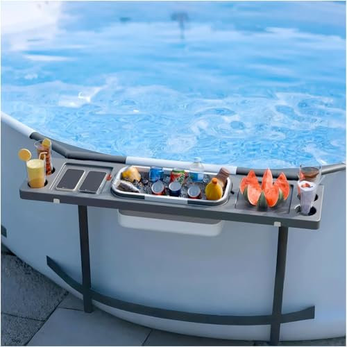 ECO POOLTECH Table Pliable 3 en 1 Portable avec Porte-Gobelet et Seau Refroidisseur, Bar pour Piscine à Cadre / Terrasse, Accessoires