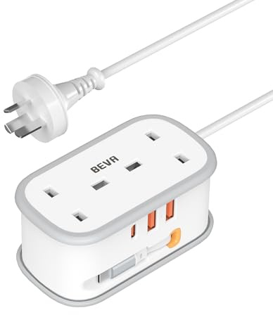UK to Australia Plug Adapter with 1.5M Extension Cable, BEVA 2 Way 3 USB (2A+1C) Australian Power Adapter with Retractable USB C Cable for New Zealand, China, Fiji, Argentina (Type I)