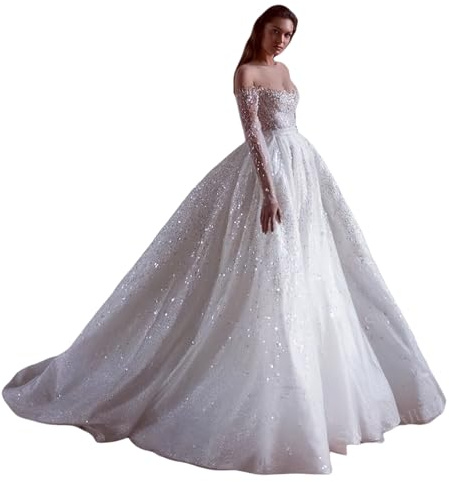TSxuelian Vestidos de novia de encaje para mujer, vestidos de novia de manga larga con cuentas y cola, blanco, 44