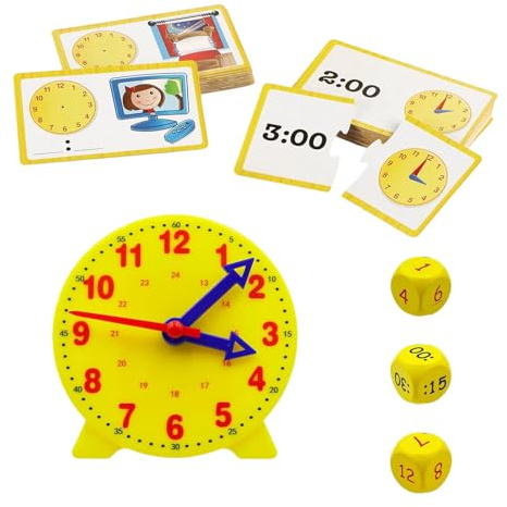 FUSONGQINTANG Lernuhr Kinder Uhr Lernen für Kind ab 6 und 8 mit12 Karten & 3 Würfeln Demonstrationsuhr Modell für Einschulung Junge Mädchen