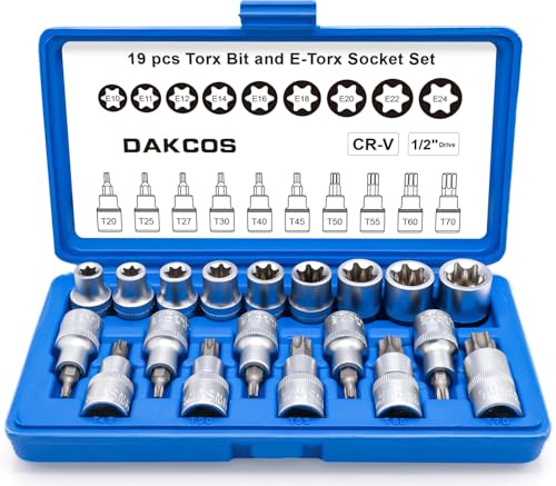 DAKCOS Lot de 19 PC Jeu de douilles 1/2 Torx d'embouts T20-T70 et E10-E24