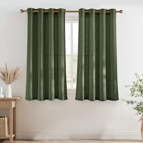 PONY DANCE Kurzgardinen mit Ösen Wohnzimmer Vorhang Halbtransparent | 2er Set, H160xB140cm, Matcha-Grün, 220g/m², Dicht, Schwer, Leinenoptik, Sonnenschutz, Boho, für Schlafzimmer Kinderzimmer