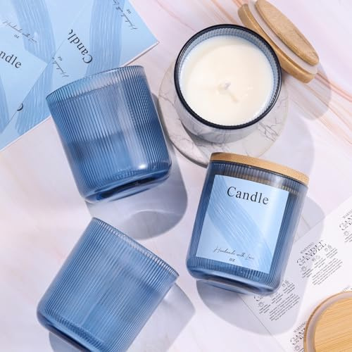LAMORGIFT 10 oz Glass Candle Jars, 9 Pack Candles Jars for Making Candles, Inner Ribbed Candle Containers Vessels Bulk with Labels for Home Decor/Holiday Gift Crafting- Blue