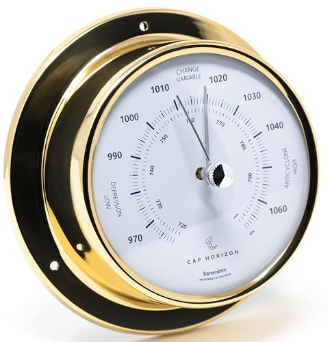 CAP HORIZON CP085B400LT Barometer, Glas, Messing-Gehäuse poliert | Druckmessgerät, Messbereich 970-1060 hPa und 720-800 mmHg, Genauigkeit ± 2 hPa, 11 cm Durchmesser, Made in Germany