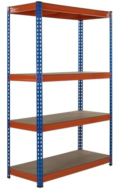 BRINDEK Estantería Metálica Industrial - Acero Galvanizado Naranja Azul + 4 baldas MDF 8 mm Ajustables - 181,5x120x50 cm - 2000 KG de Carga - Modular Sin Tornillos - Garaje, Almacén, Trastero