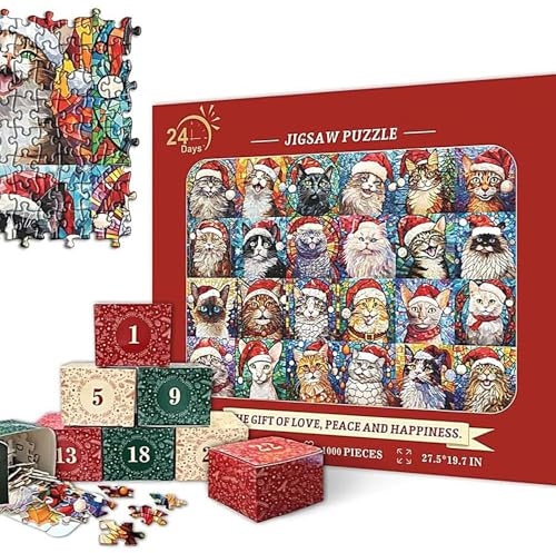 Puzzles For Adults 1000 Pieces, 24 Days Christmas Countdown Calendars, Christmas Advents Calendars 2025, Cat Puzzle Calendar For Adult Kids, C-hristmas Puzzles Toys For Family Gathering