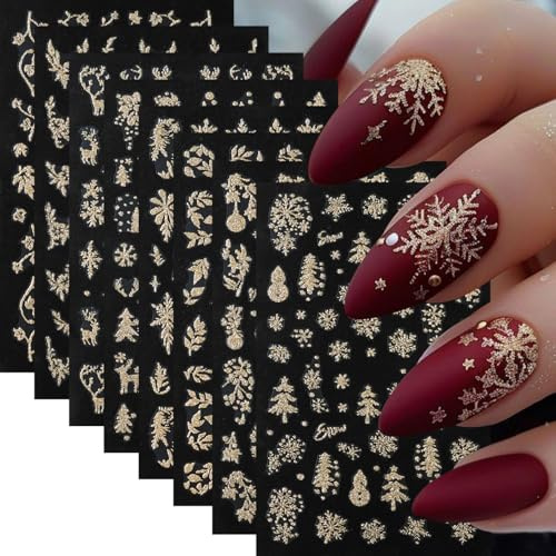 Celblisora ​​8 Blatt Herbst und Winter 3D-Nagelsticker,Selbstklebend Glitzernd Gold Weihnachtsbaum,Schneeflocken,Elch,Schneemann, Blumendekor für die Maniküre von Frauen