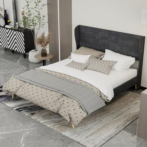 HaoChrymec Letto Imbottito Modern Minimalist in Tessuto con Testiera Morbida, Base Bassa Senza Contenitore, Design Funzionale, Letto per Camera da Letto e Appartamento, Grigio, 160x200 cm