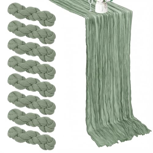 8 Pack Sage Green Cheesecloth Table Runner, 9.84Ft Light Green Boho Gauze Cloth Table Runner for Wedding Holiday Party Birthday Party Decoration(50 x 300cm)