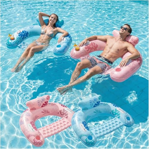 SOLAVERO Set de 2 Flotadores Piscina Adultos, 119 x 86 cm Sillon Hinchable, Silla Flotante con Portavasos & Asa, Asiento Agua de Verano para Relajarse, Leer y Fiesta en la Piscina (Hojas)