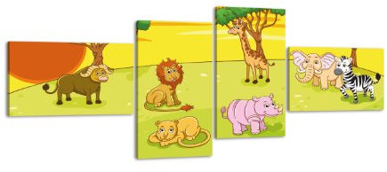 wandmotiv24 Leinwandbild Safari LW411 Wandbild, Bild auf Leinwand, 4 Teile, 200x90cm, Kunstdruck Canvas, XXL Bilder, Keilrahmenbild, fertig aufgespannt, Bild, Holzrahmen, Afrika, Kinder, Tiere,