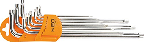 NEO TOOLS Torx-Schlüssel 9tlg, Torx mit Loch T10 -T50, Sechskantschlüssel | Aus Cr-V-Stahl, Winkelschlüsselsatz mfür Torx-Schrauben, Lang Winkelschraubendreher Set