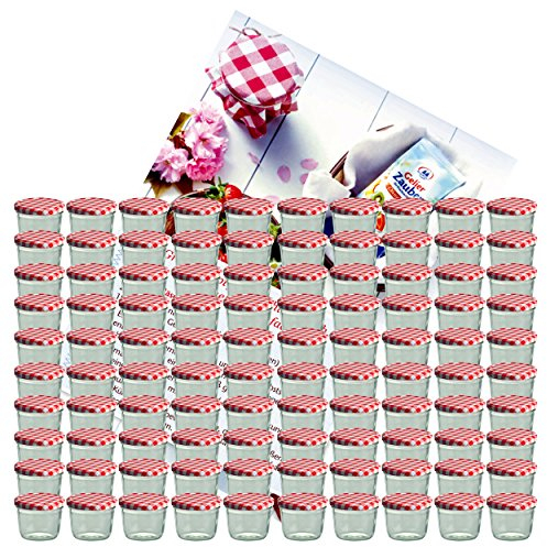 MamboCat 100er Set Sturzglas 230 ml Marmeladenglas Einmachglas Einweckglas to 82 rot Karierter Deckel incl. Diamant-Zucker Gelierzauber Rezeptheft
