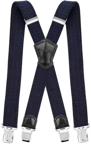Decalen Mens Braces with Very Strong Metal Clips Wide 4 cm 1.5 inch Heavy Duty Suspenders One Size Fits All Men and Women Adjustable and Elastic X Form (Navy Blue)