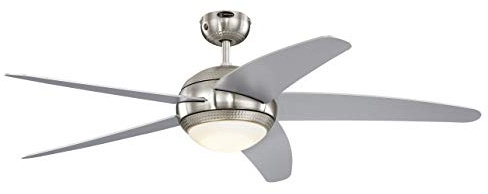72069 Ventilateur de Plafond D’Intérieur à Cinq Pales Bendan LED 132 cm, Chrome Satiné avec Accents Martelés, Kit D‘Éclairage LED à Variateur avec Verre Opale Dépoli, Télécommande Incluse