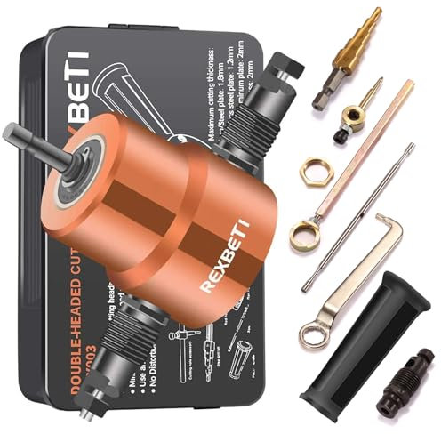 REXBETI Double Headed Sheet Metal Nibbler, Drill Attachment Metal Cutter with Extra Punch and Die, 1 Cutting Hole Accessory and 1 Step Drill Bit, Perfect for Straight Curve and Circle Cutting (Gold)