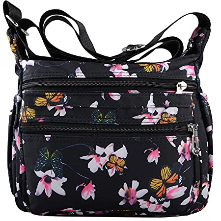 NOTAG Sac Bandoulière Femmes, Léger Multi-poches Sac Messenger en Imperméable Nylon Casual Sac Porté épaule (Rose)