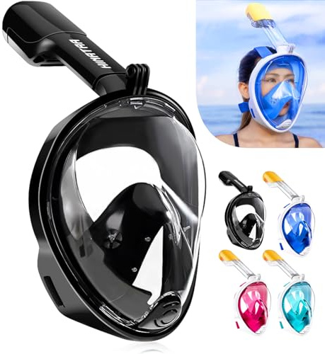 HINATAA Máscara de Buceo, 180°Panorámica Máscara de Snorkel de Cara, Anti-vaho Anti-Fuga,con Tapones con Tapones para los oídos Impermeables,GoPro Mount Easy Breathe para Adultos,Niños (Negro, L/XL)